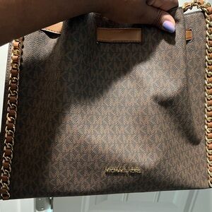 Michael Kors Brown Monogram Shoulder Bag with Gold Chain